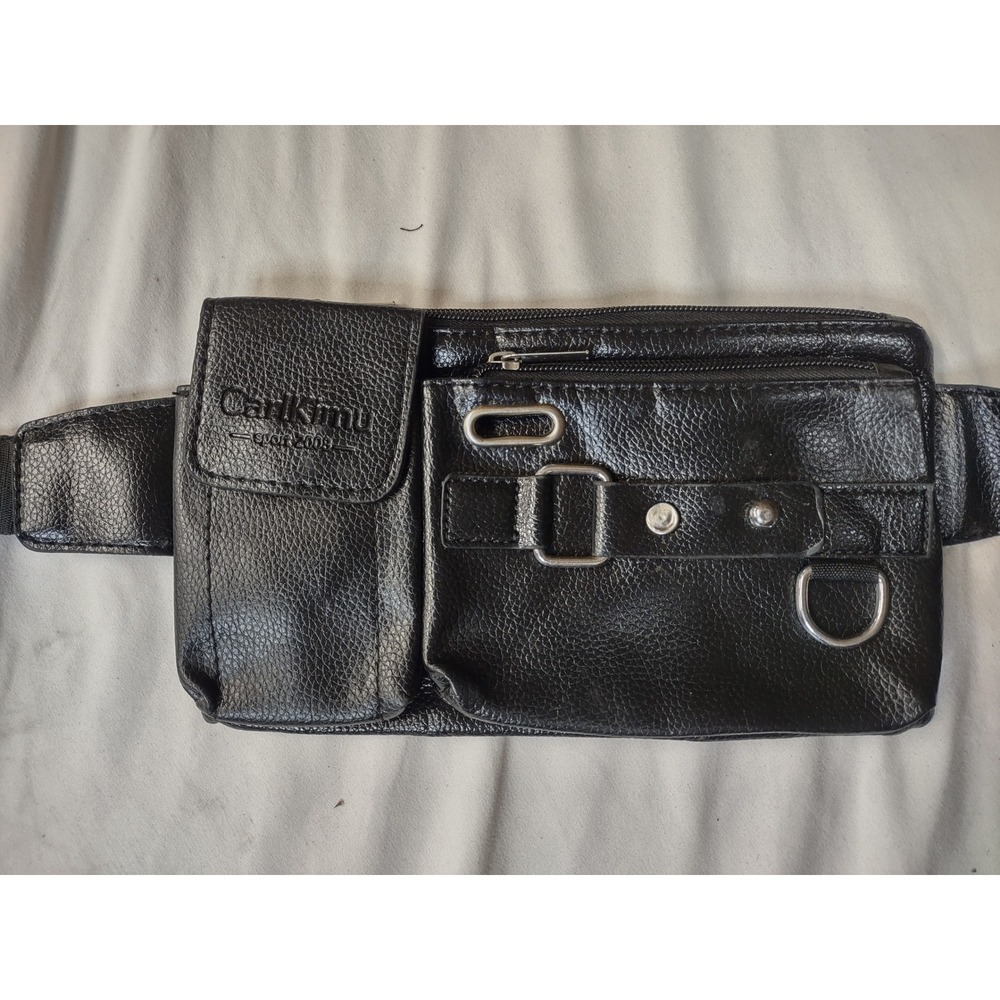 CarlKimu Sport 2008 Black Faux Leather Multi Pocket Waist Bag Fanny Pack Mens